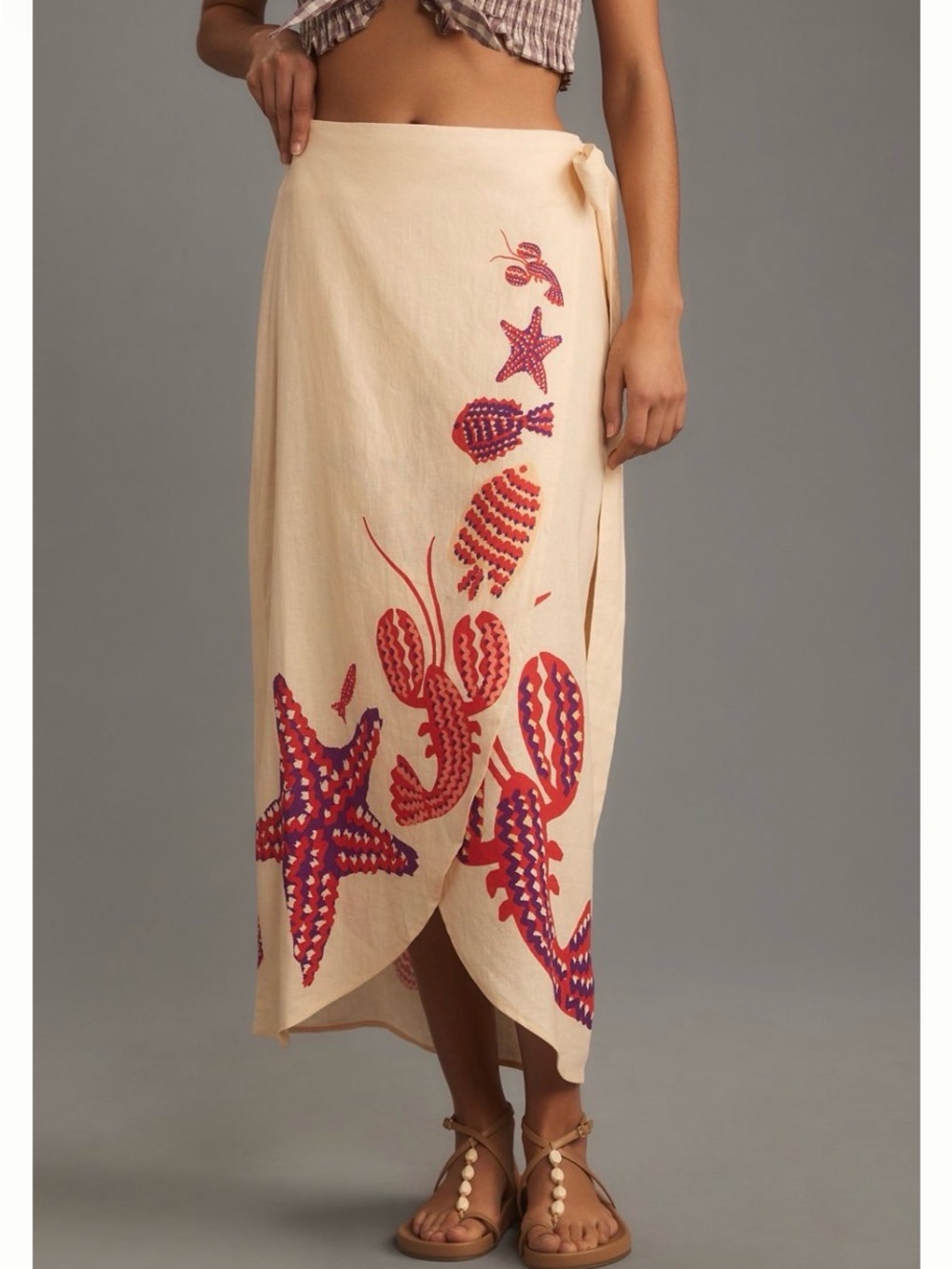 FARM Rio Cream Wrap Skirt with Pink and Purple Shell Print